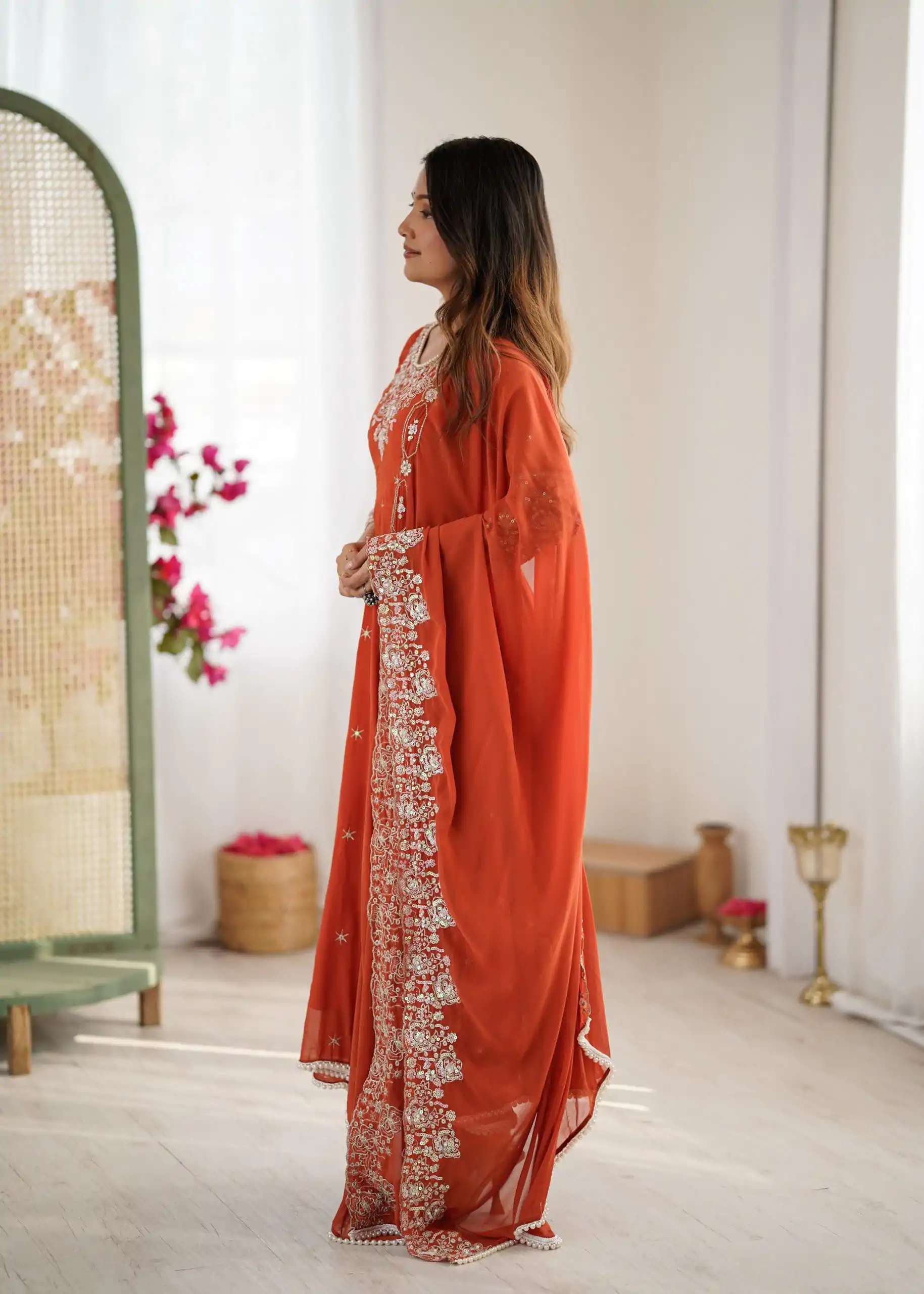 Orange Blooming Faux Embroidery Work Gown - Image 8