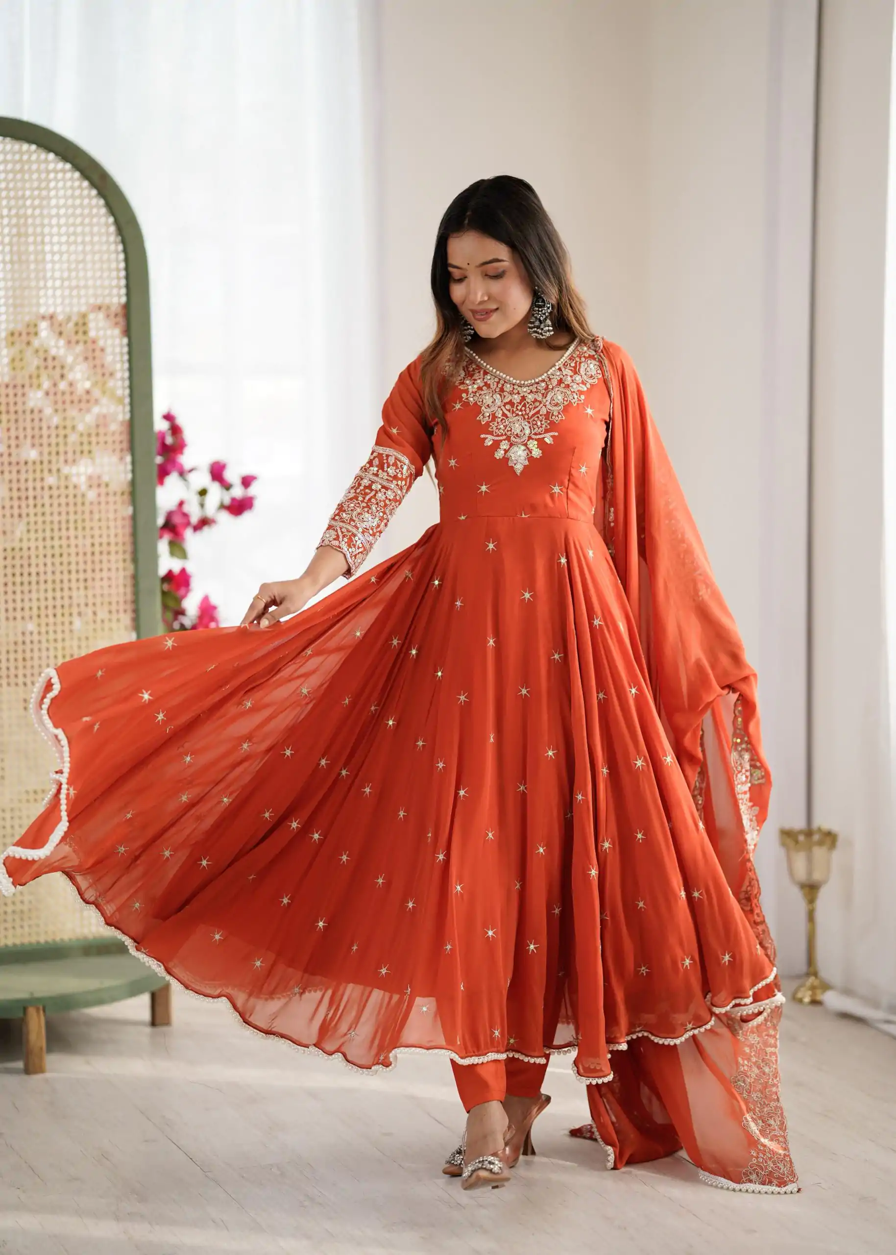 Orange Blooming Faux Embroidery Work Gown - Image 7