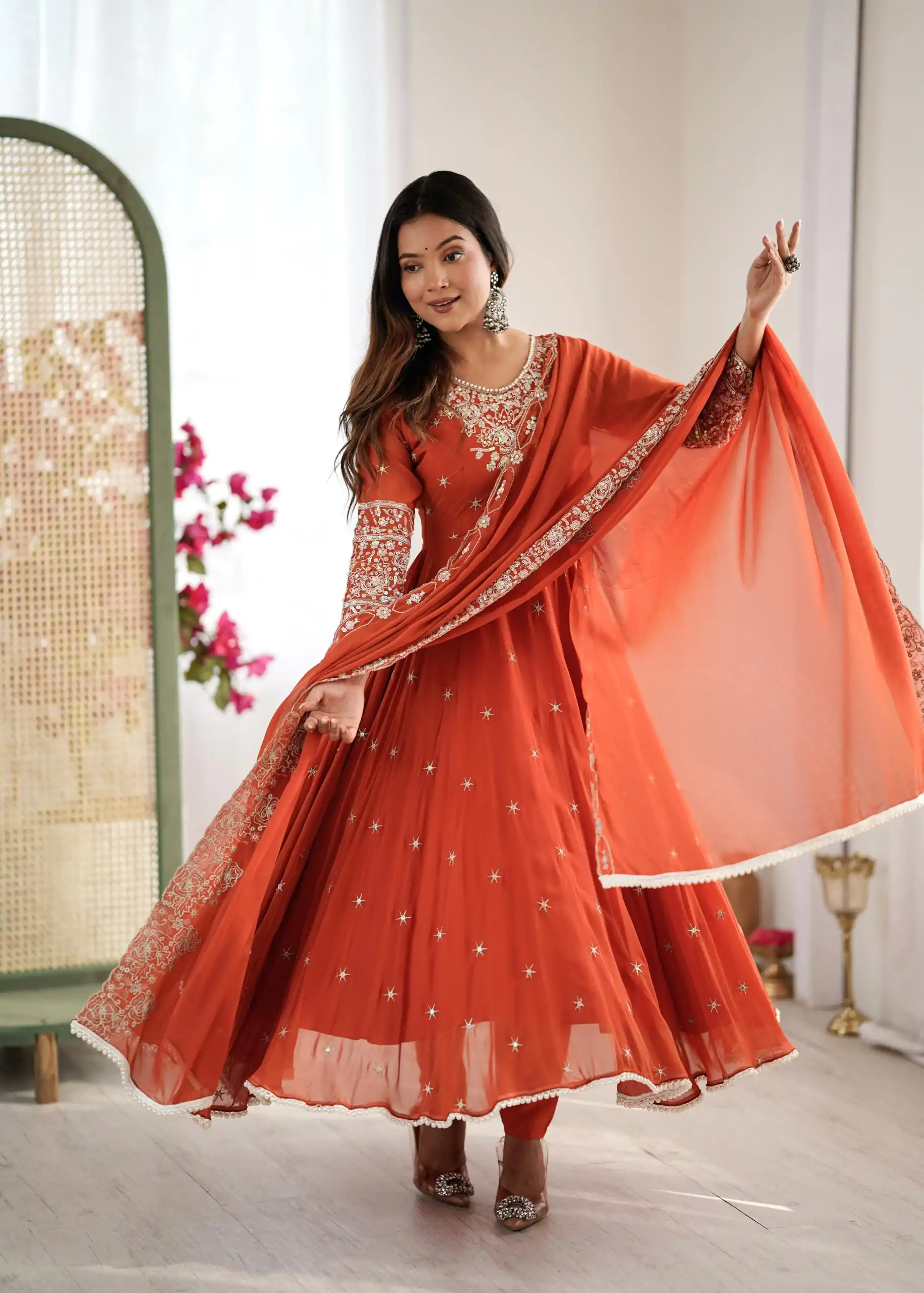 Orange Blooming Faux Embroidery Work Gown