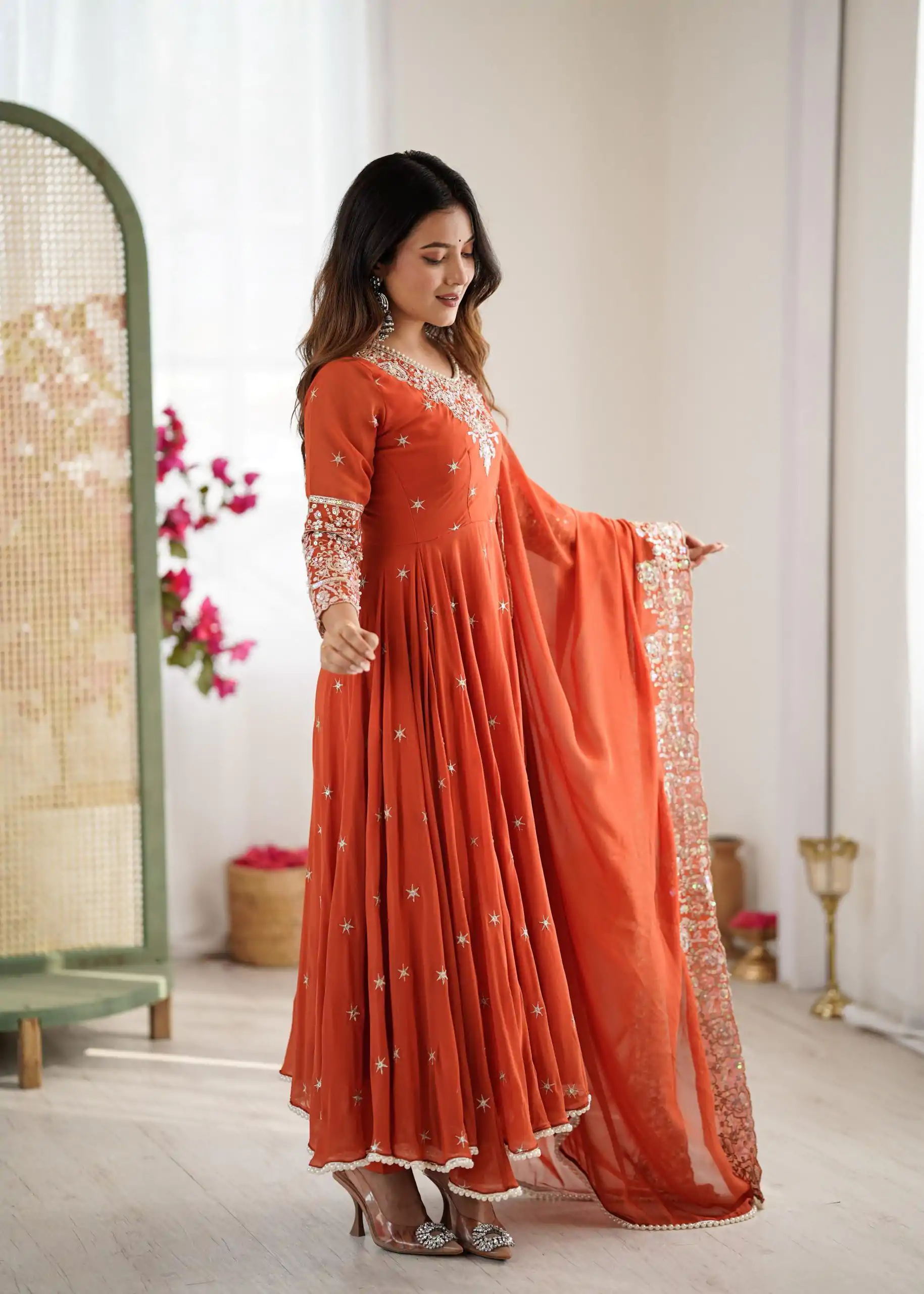 Orange Blooming Faux Embroidery Work Gown - Image 15