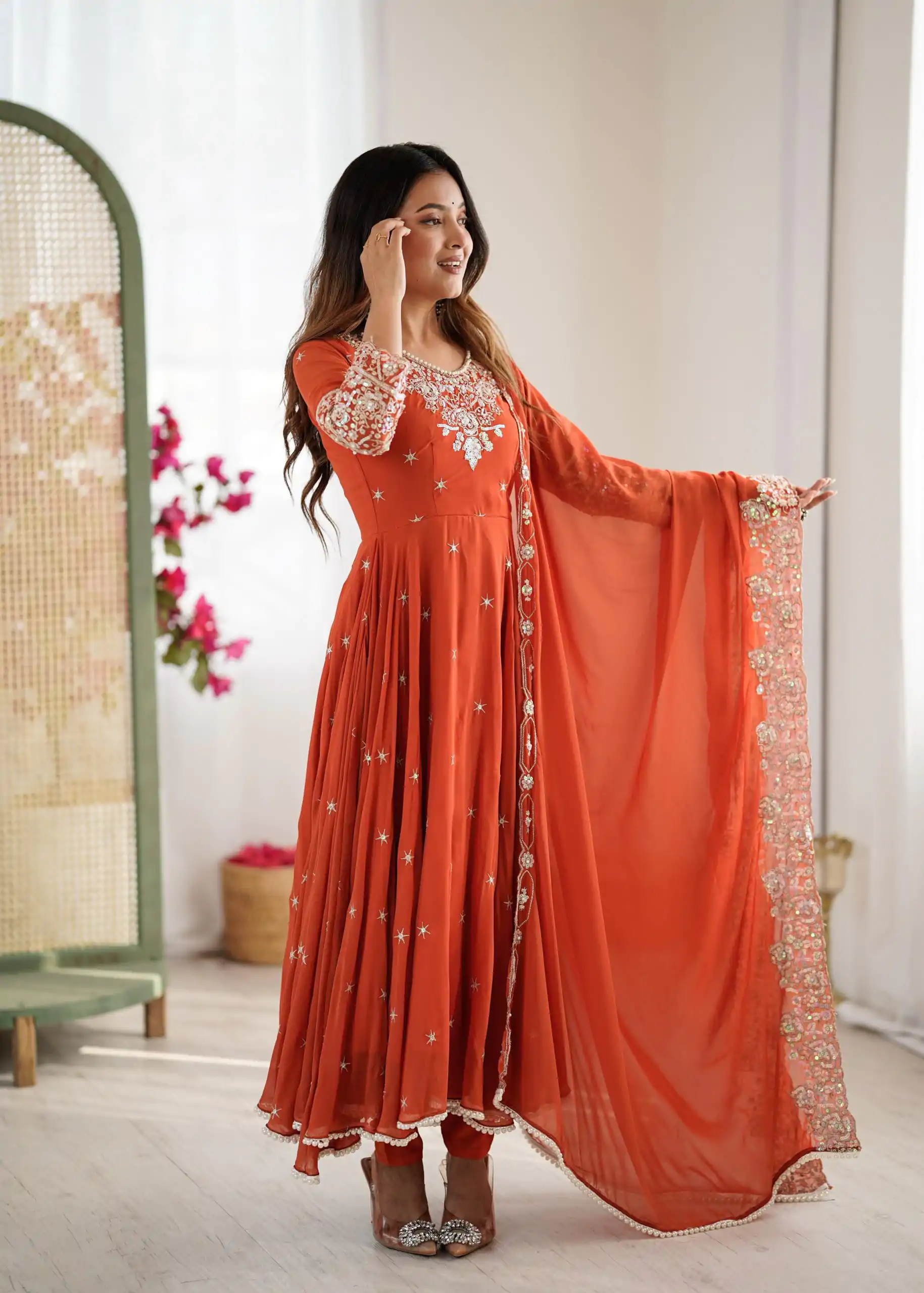 Orange Blooming Faux Embroidery Work Gown - Image 13