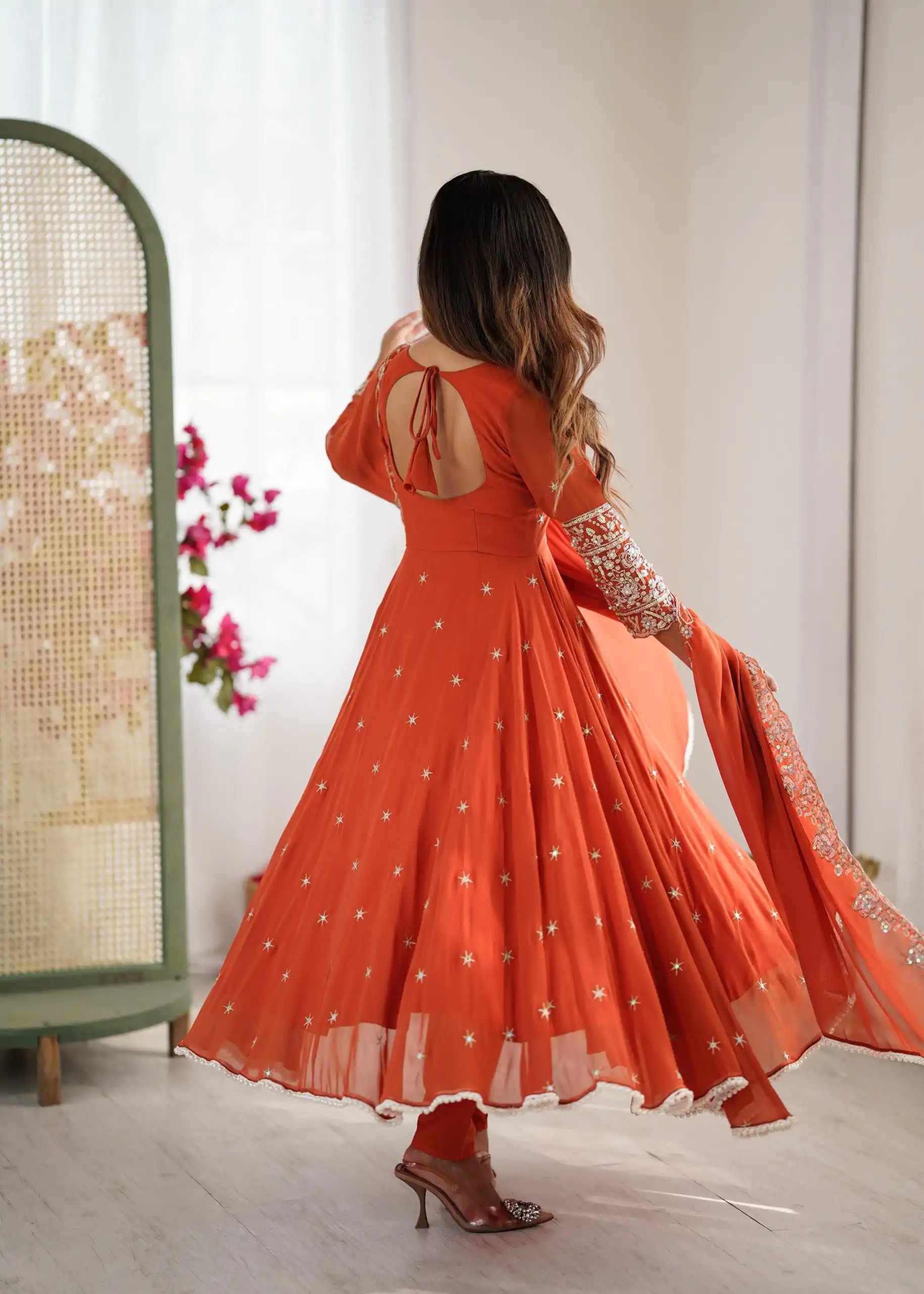 Orange Blooming Faux Embroidery Work Gown - Image 12