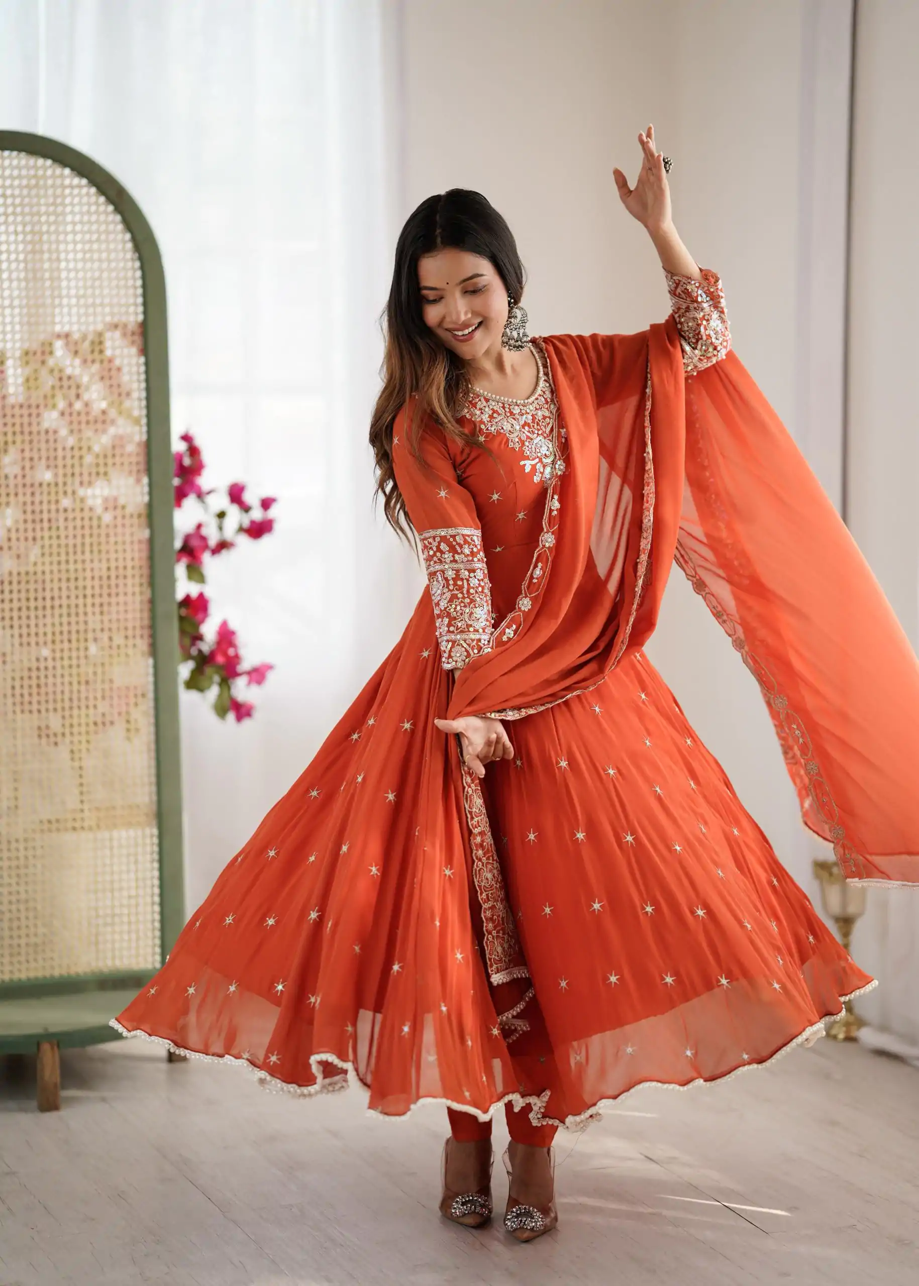 Orange Blooming Faux Embroidery Work Gown - Image 11