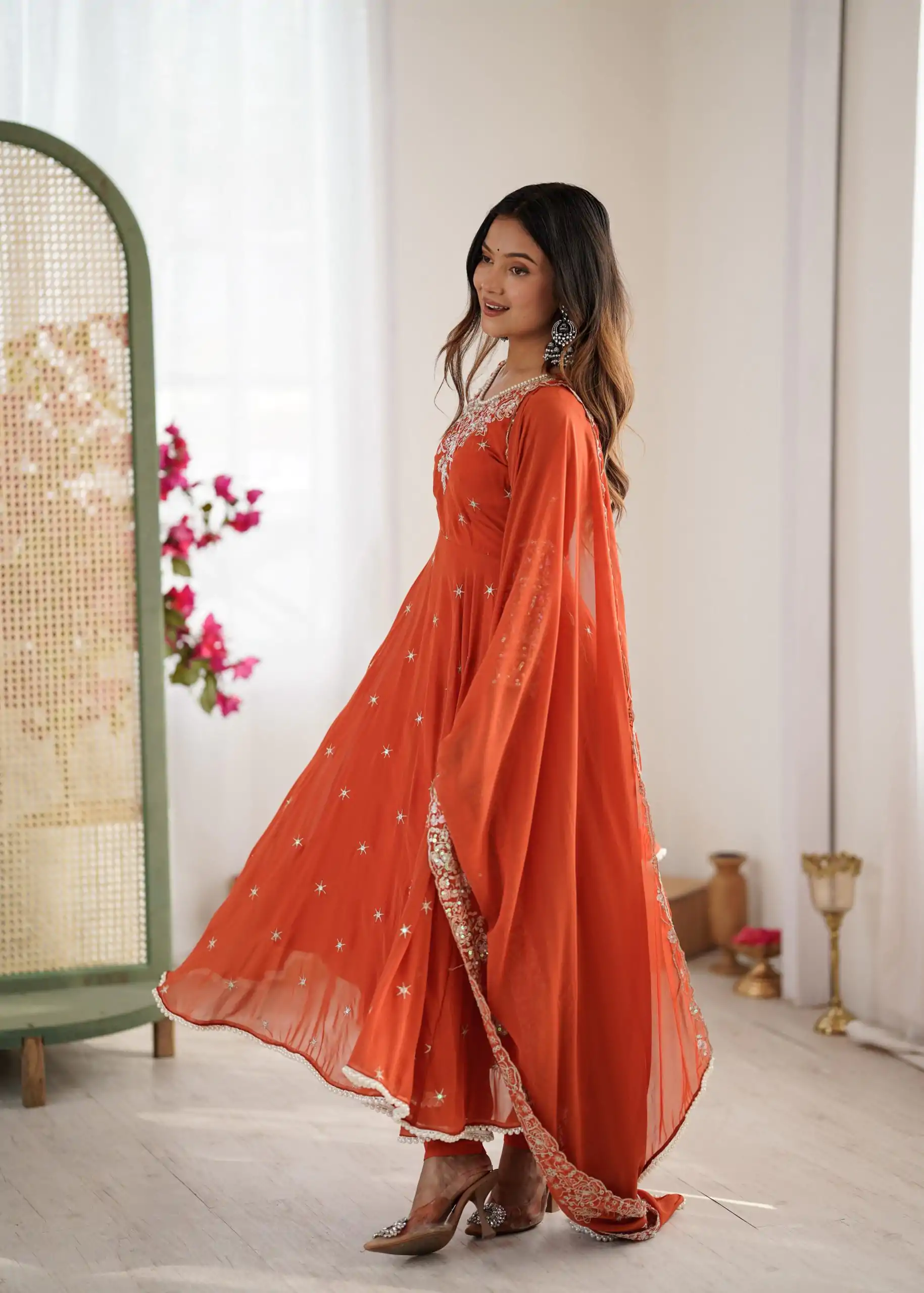 Orange Blooming Faux Embroidery Work Gown - Image 10