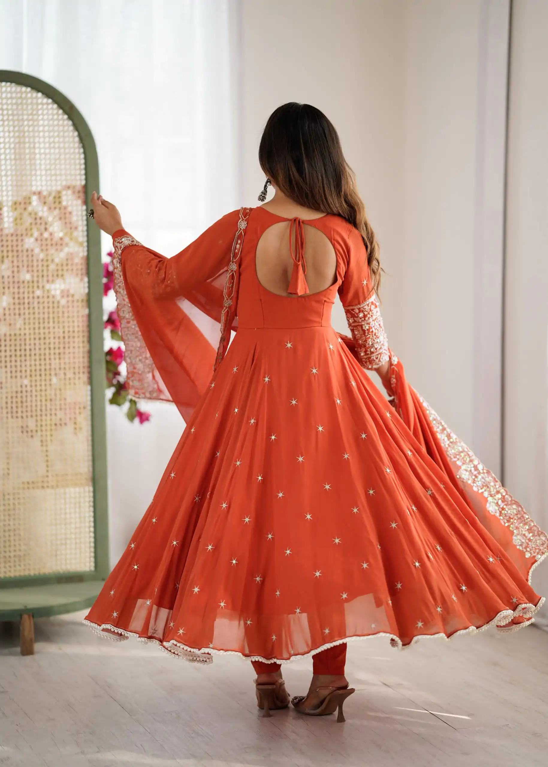 Orange Blooming Faux Embroidery Work Gown - Image 9
