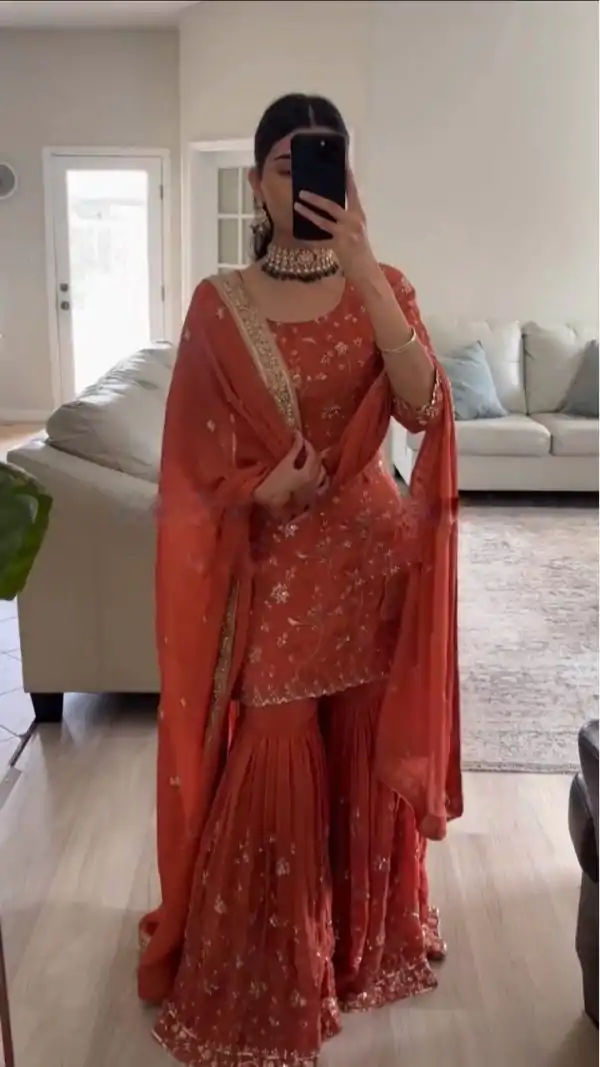 Orange Faux Georgette Lace Work Salwar Suit