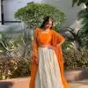 Orange Jacquard Silk Printed Lehenga Choli