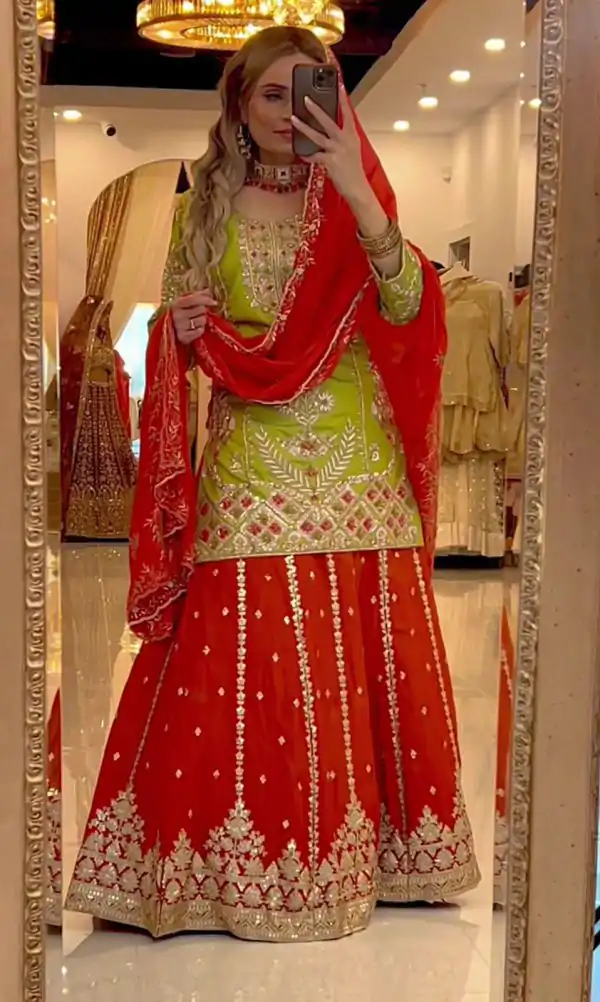 Parrot Green Chinnon Silk Embroidery Work Salwar Suit