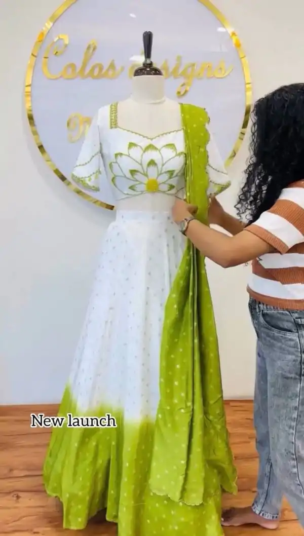 Parrot Green Chinon Digital Print Lehenga Choli