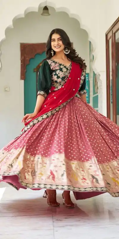 Ram 104 Peach mono silk Lehenga Choli Perfect for Wedding, Party, Anniversary, Onam, Ethnic Day – . Festive Deal ₹3149. Delivery 4-6 Working Days. | Lehenga, Bollywood Lehenga, Creative Lehenga, Designer Lehenga, Embroidered Lehenga, Party Wear Lehenga