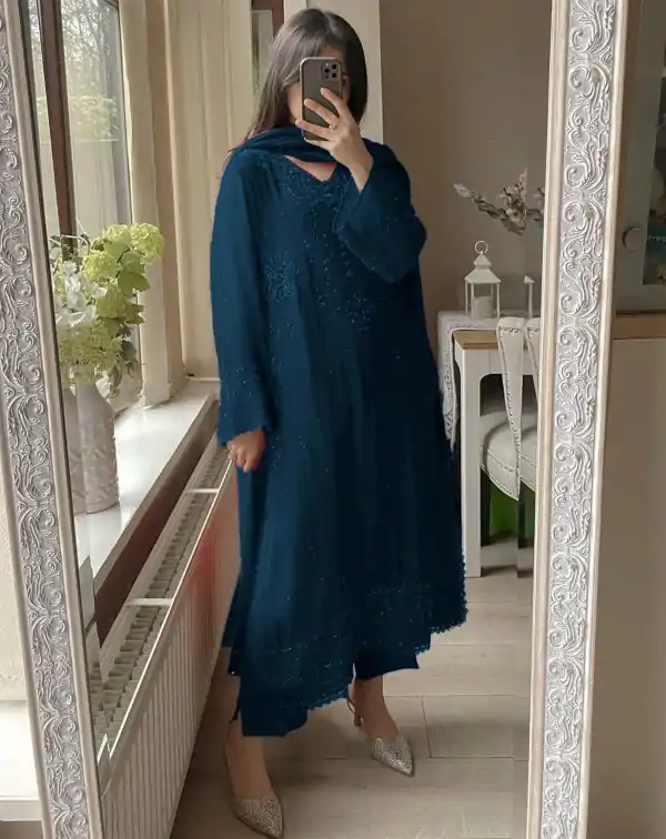 Peacock Blue Georgette Embroidery Work Salwar Suit