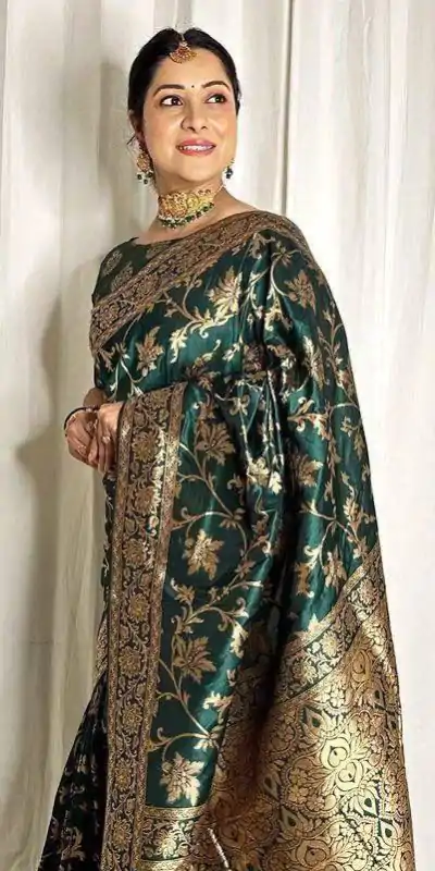 Peacock Green Lichi Silk Lace Border Work Saree