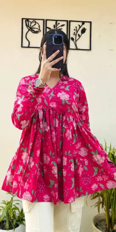 Pink Cotton With Printed Kurti