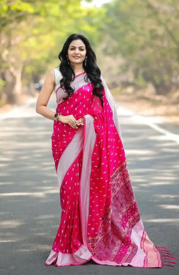 Pink Lichi Silk Border Lace Work Saree