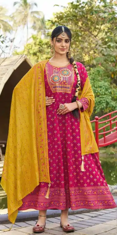 Pink Rayon Embroidery Work Gown
