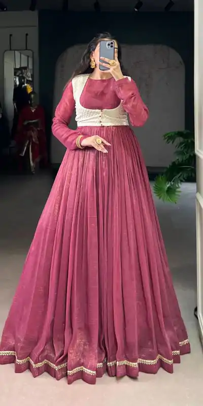 Pink Silver Glossy Sequins Embroidery Work Gown