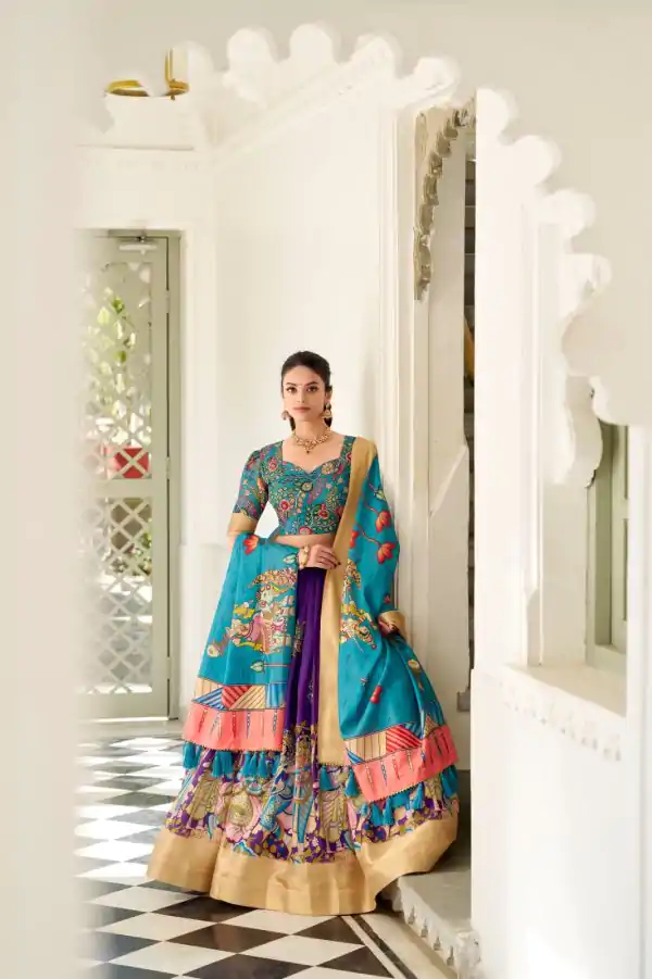 Purple Dola Silk Lace Work Kalamkari Print Lehenga Choli