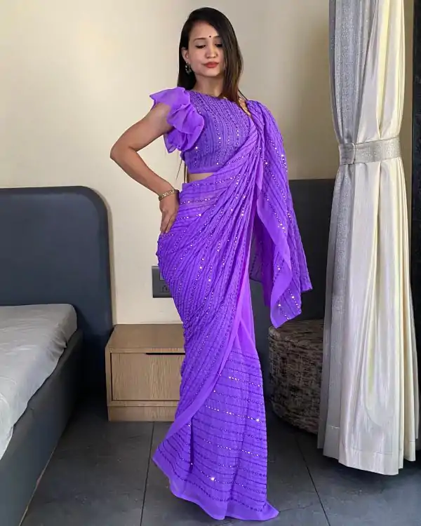 Purple Fox Georgette Embroidery Work Saree