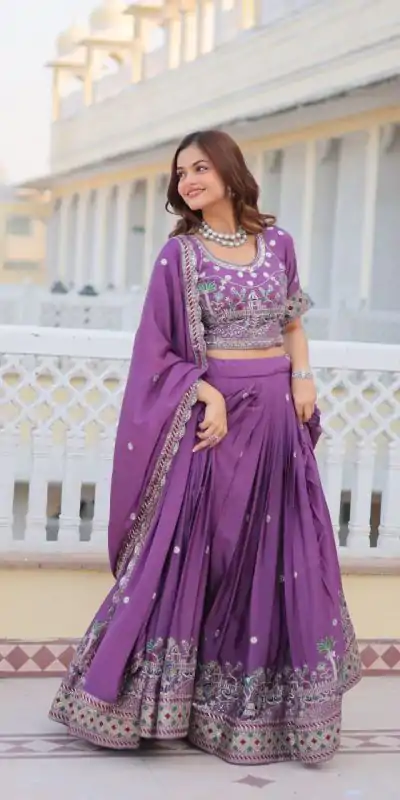 Purple Pure Chinon Embroidery Work Lehenga Choli