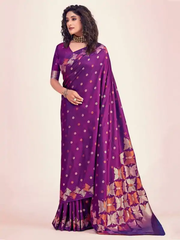 Purple Soft Lichi Silk Border Lace Work Saree