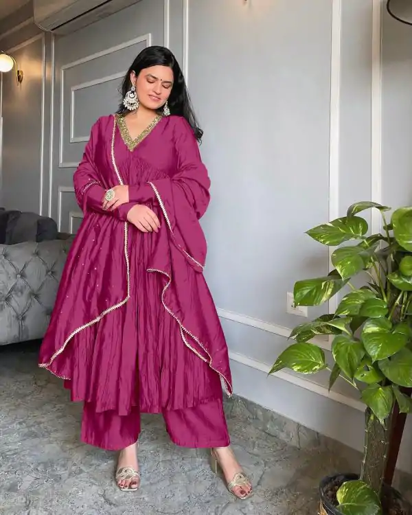Rani Pink Chinon Silk Embroidery Gown