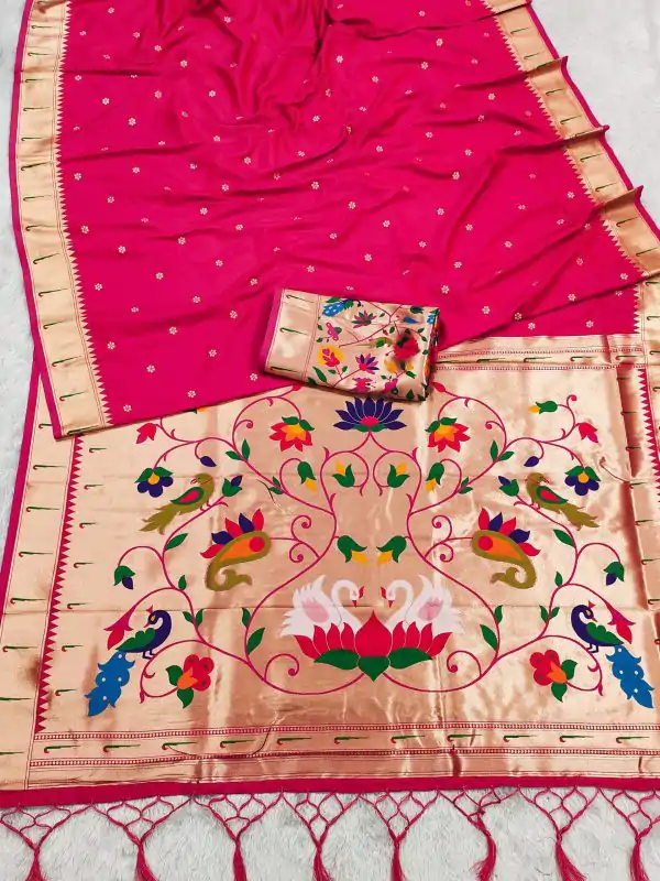 Rani Pink Silk Zari Lace Work Saree