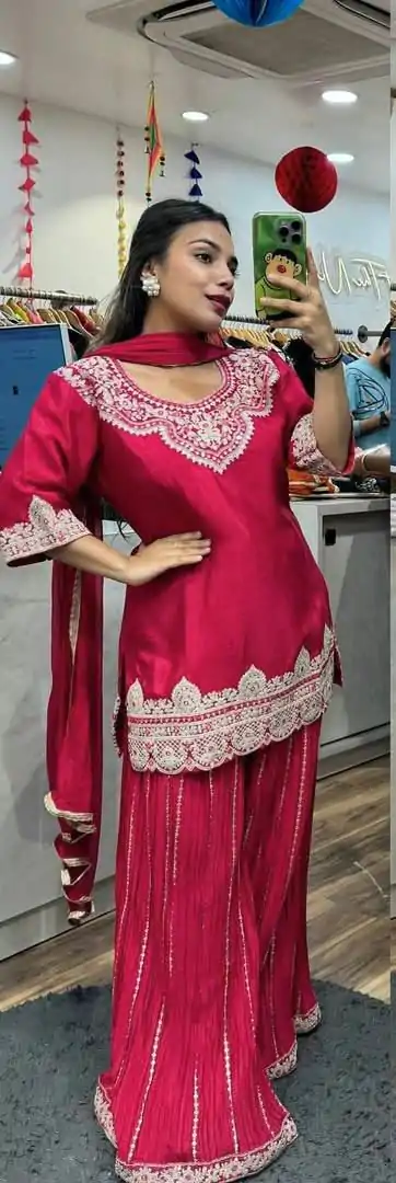Red Chinnon Silk Lace Embroidery Work Salwar Suit