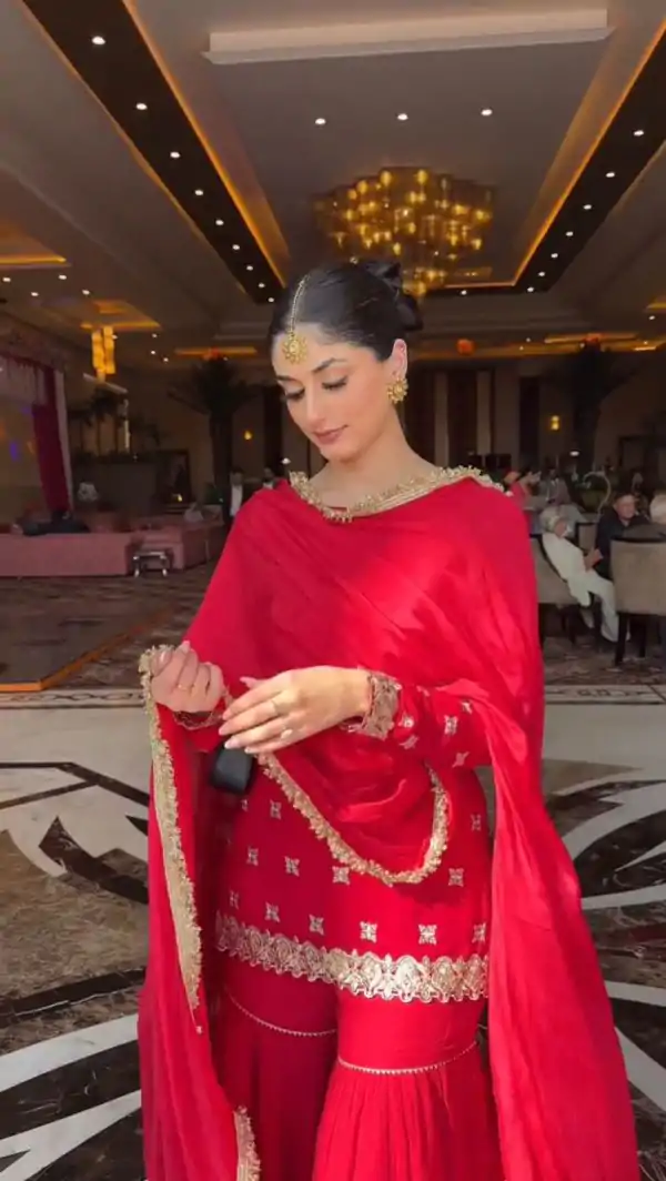 Red Faux Georgette Thread Lace Work Salwar Suit