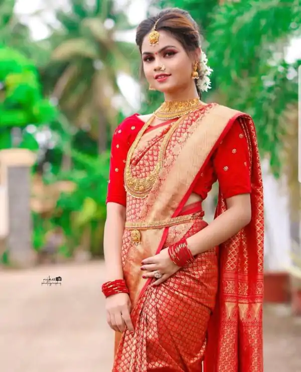 Red Soft Lichi Silk Lace Border Work Saree