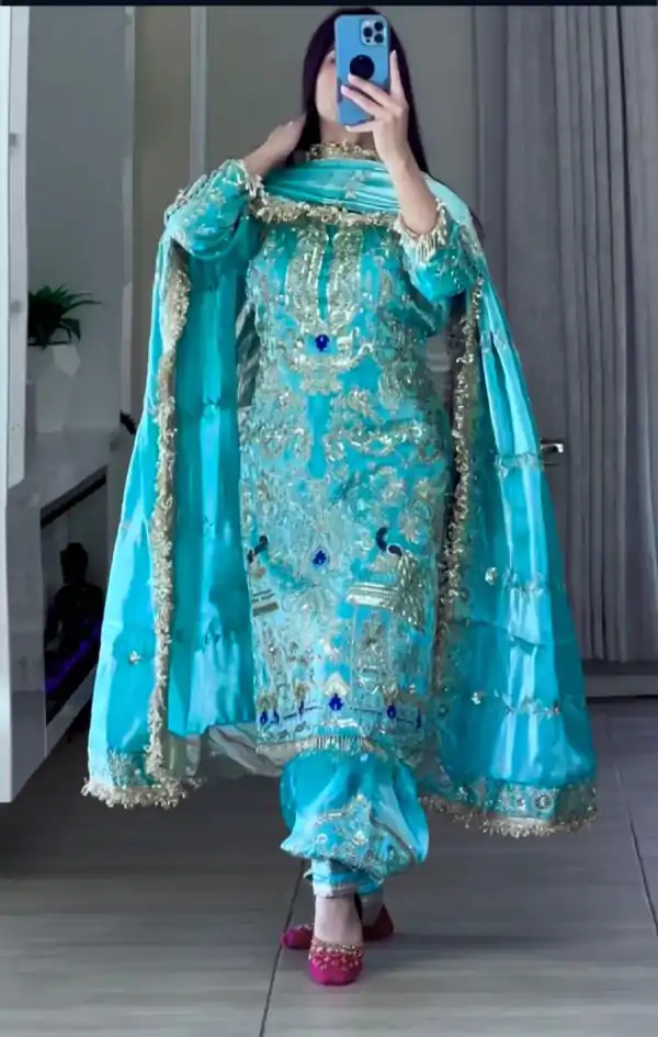 Sky Blue Natural Crep Embroidery Work Salwar Suit