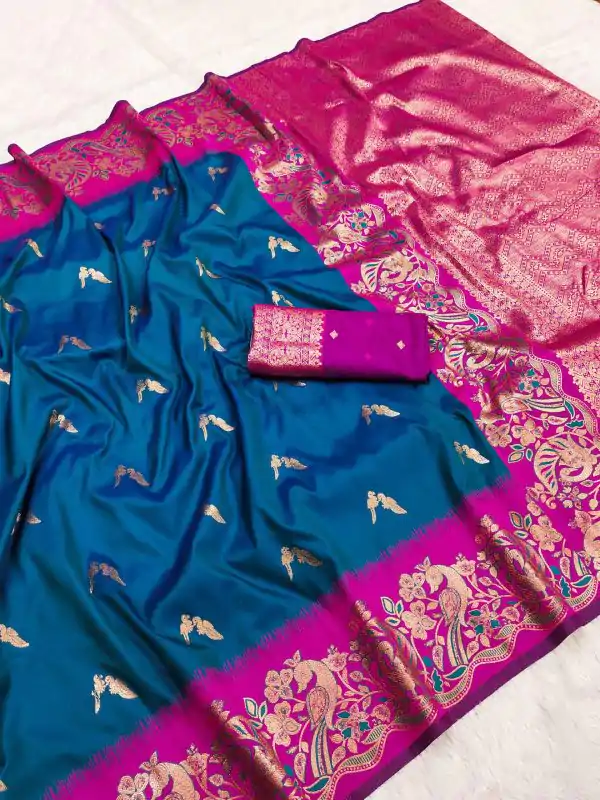 Teal Banarasi Silk Weaving Lace Zari Work Saree