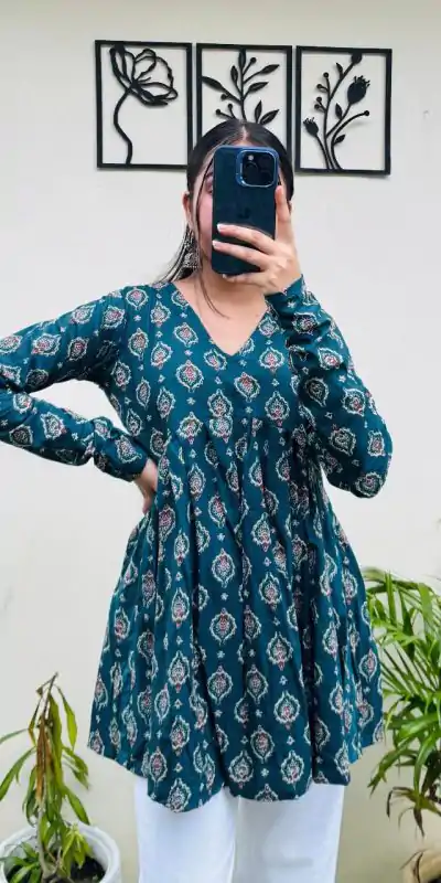 Teal Cotton With Printed Kurti