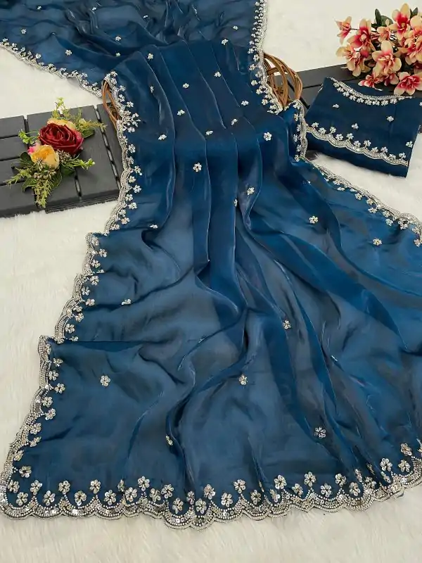 Teal Jimmy Chou Silk Embroidery Work Saree