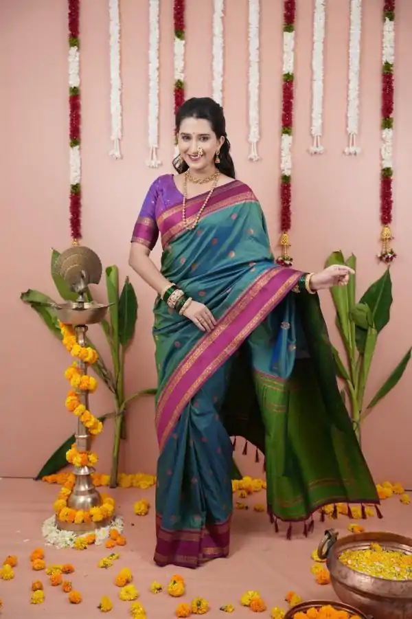 Teal Silk Paithni Weaving Zari Work Saree