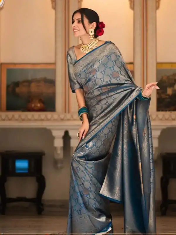 Teal Soft Lichi With Jacquard Work Silk Saree