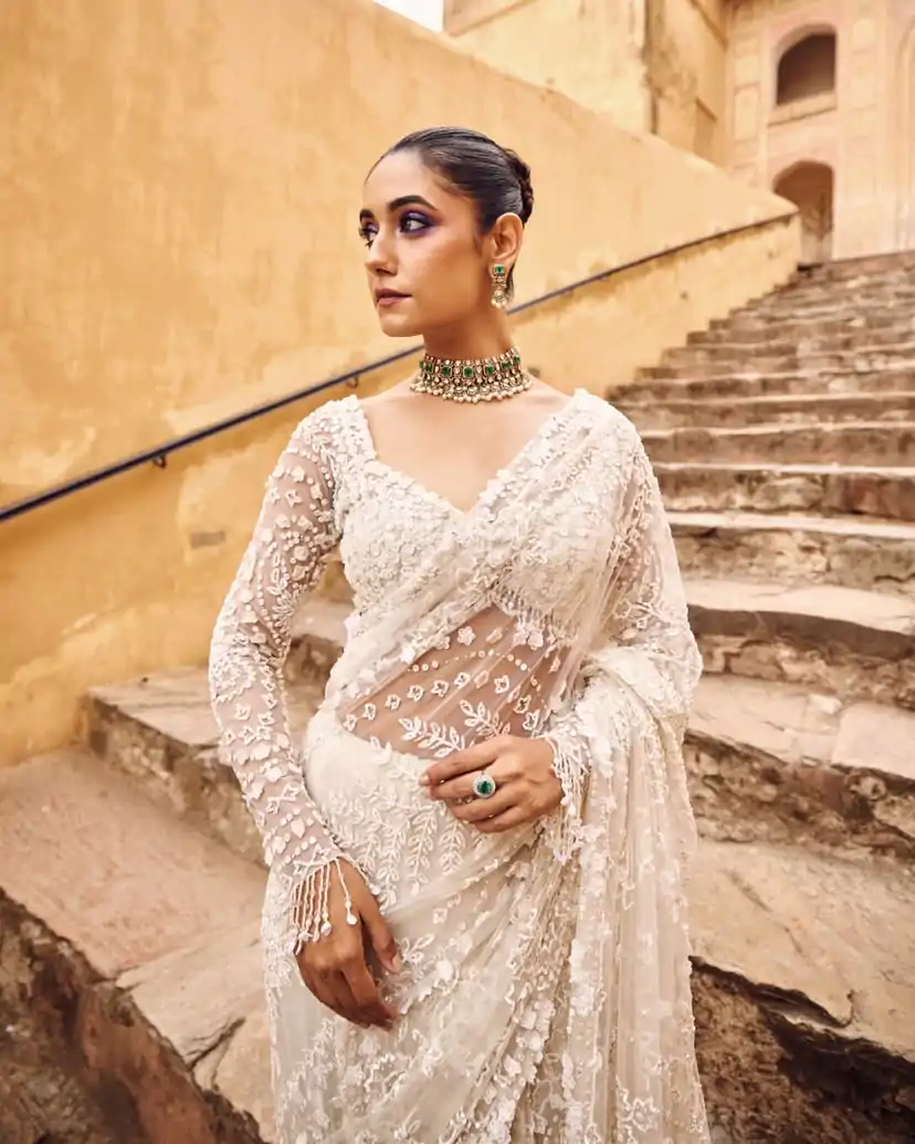 White Butterfly Net With Sequins Work Saree - Image 4