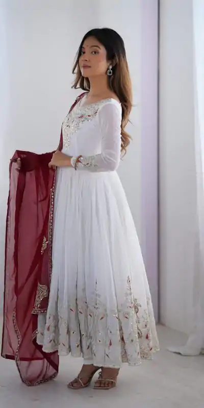 ZF 5008 White Georgette Gown with Embroidery Work. Wedding, Party, Festive, Events, Special Price ₹2049. Delivery 4-6 Working Days. Shop now. | Jump Suits, Salwar suit, Casual Suits, Creative suits, Designer Suits, Palazzo Suits, Party Wear Suits, Patiala Suits, Straight Suits