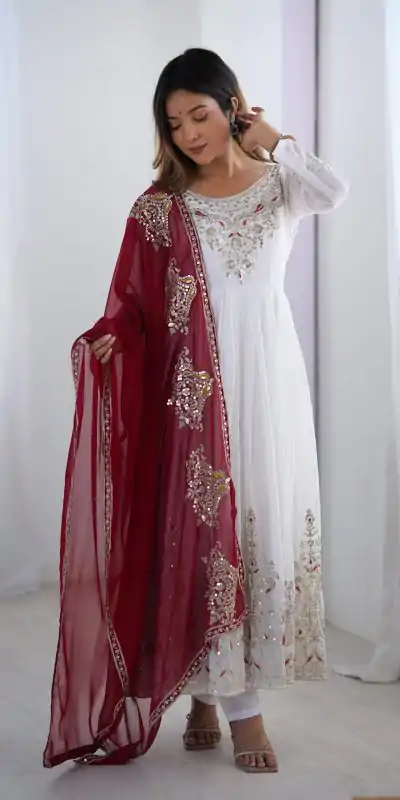 ZF 5008 White Georgette Gown with Embroidery Work. Wedding, Party, Festive, Events, Special Price ₹2049. Delivery 4-6 Working Days. Shop now. | Jump Suits, Salwar suit, Casual Suits, Creative suits, Designer Suits, Palazzo Suits, Party Wear Suits, Patiala Suits, Straight Suits