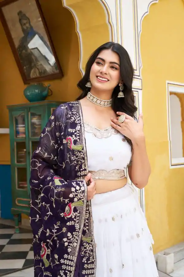 White Pure Crunchy With Embroidery Lehenga Choli