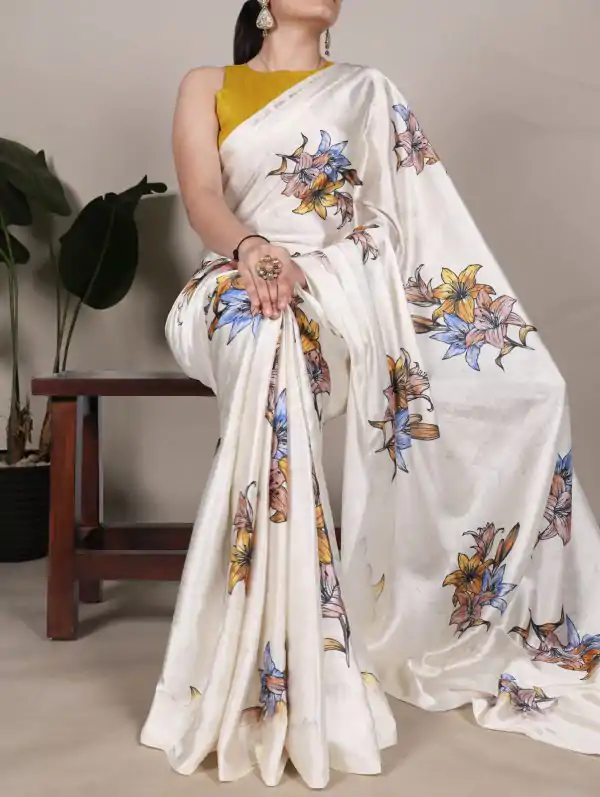 White Satin Silk With Floral Printed Saree