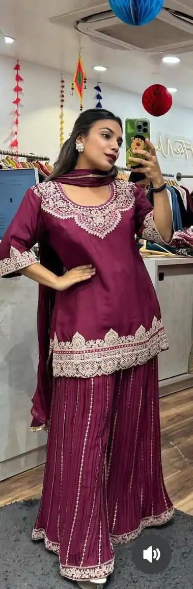 Wine Chinnon Silk Lace Embroidery Work Salwar Suit