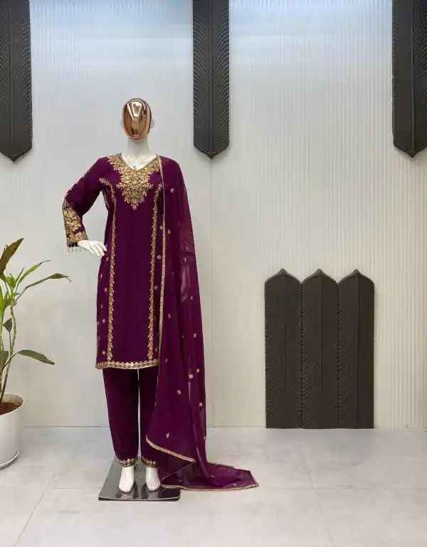 Wine Georgette Embroidery Work Salwar Suit