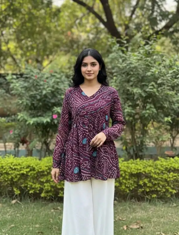 Wine Pure Georgette With Printed Kurti