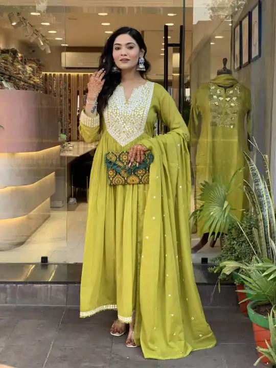 Yellow Cotton Silk Mirror Work Salwar Suit - Image 2