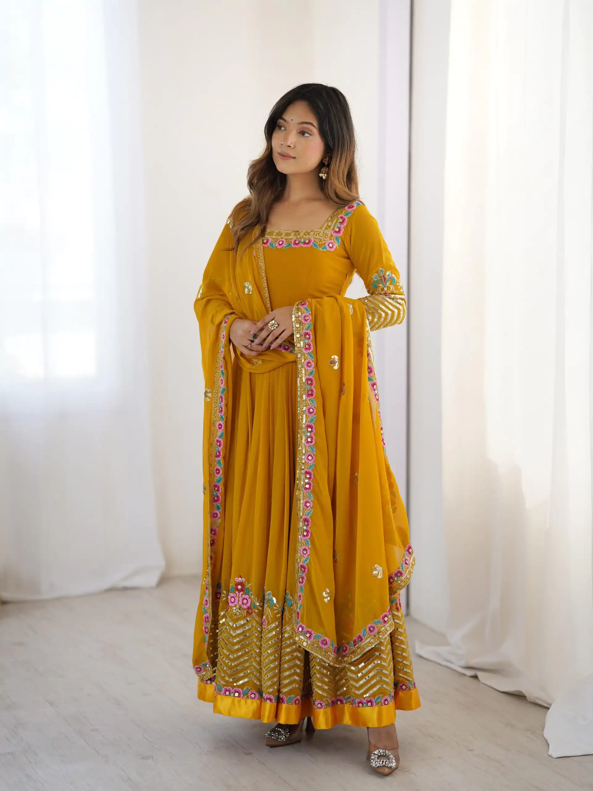 Yellow Georgette Multi Thread Work Gown - Image 3