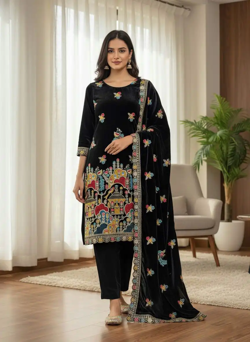 Black Viscose Velvet Lace Embroidery Work Salwar Suit - Image 3