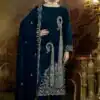 Blue Viscose Velvet Embroidery Lace Work Salwar Suit