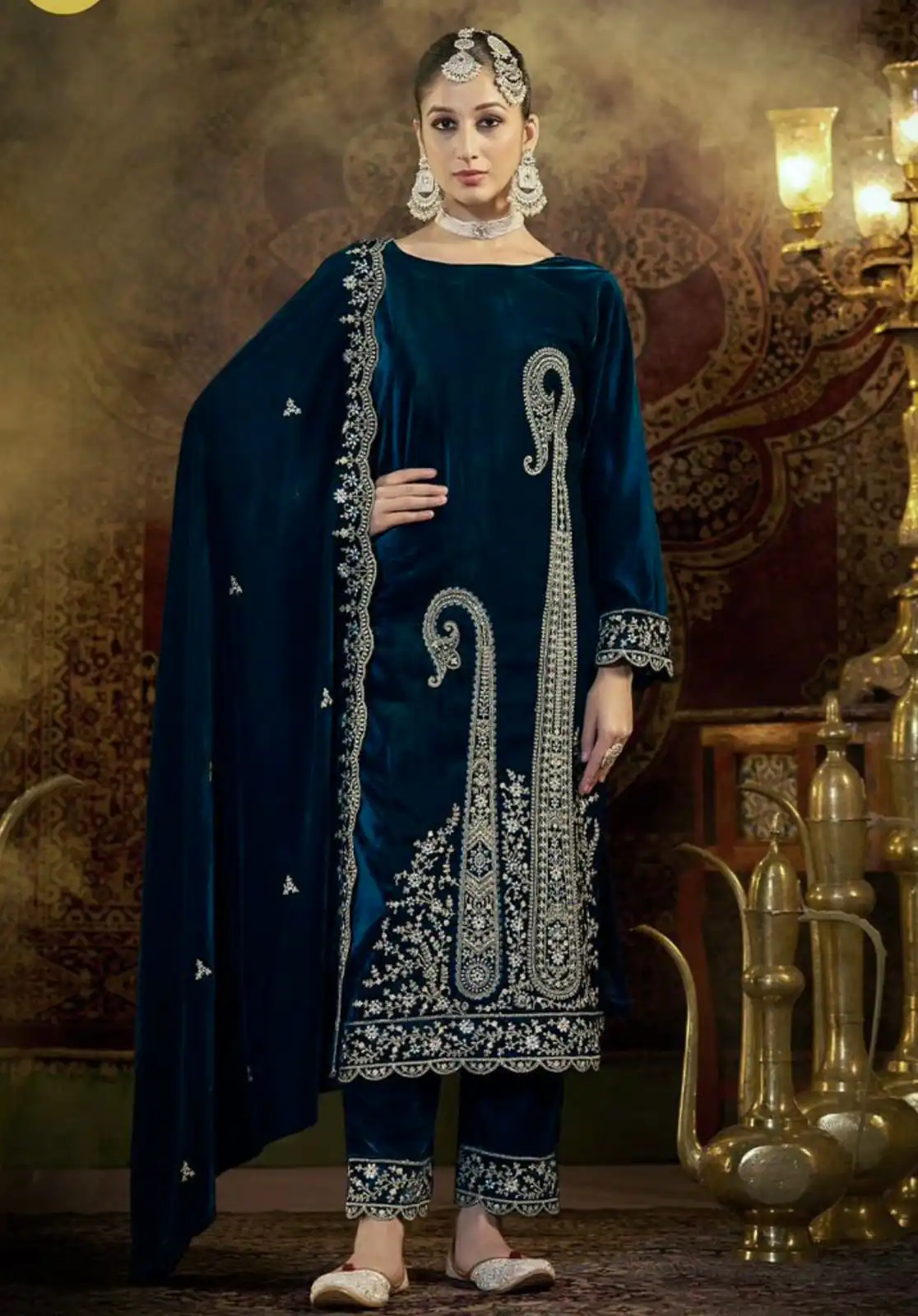 Blue Viscose Velvet Embroidery Lace Work Salwar Suit