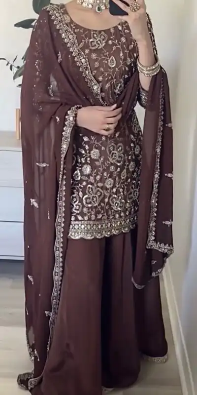 Brown Faux Georgette Sequence Work Salwar Suit