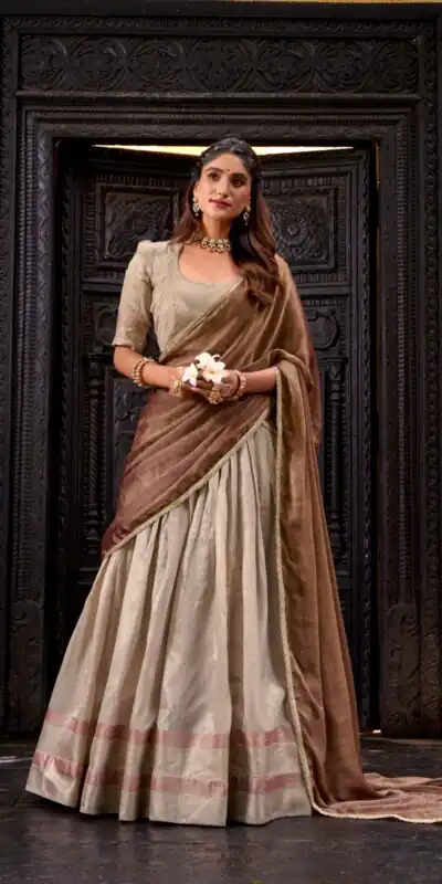 Cream Dupion Silk Lace Zari Work Lehenga Choli